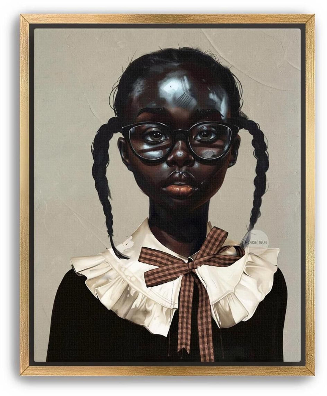 a young girl with beautiful deep dark skin wearing reading glasses and a white collar, with a brown plaid bowtie on her shirt and two cute pigtails in her hair. She resembles a school girl in uniform.