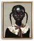a young girl with beautiful deep dark skin wearing reading glasses and a white collar, with a brown plaid bowtie on her shirt and two cute pigtails in her hair. She resembles a school girl in uniform.
