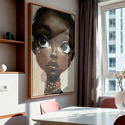 Black Girl Wall Art, Surreal Big Eye Portrait Print, Canvas Framed and Framed