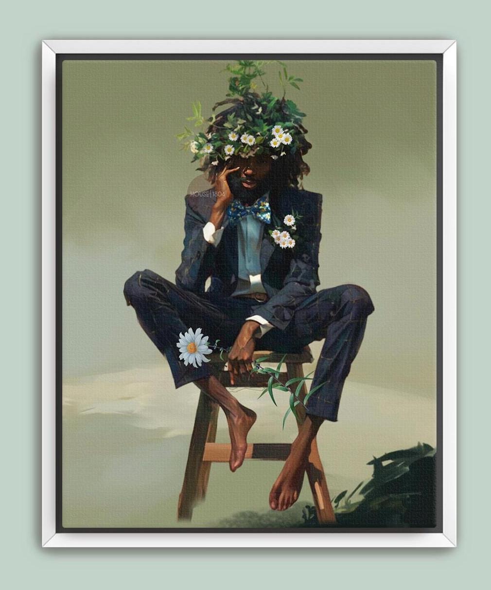 Black Man Floral Wall Art, Abstract Male Portrait, Contemporary Modern Canvas Print, Male Abstract Moody Wall Framed Print