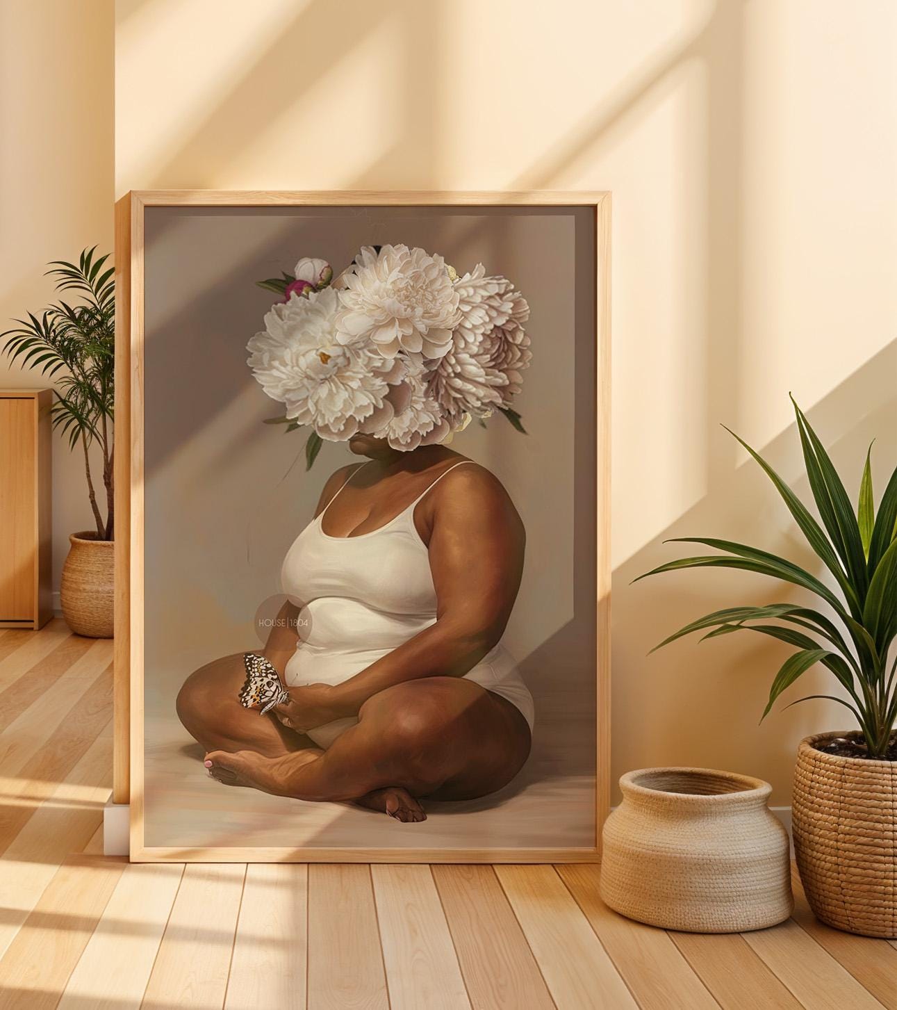 Curvy Black Woman Meditation Canvas: Flower Head Art, Positive Body Art Print