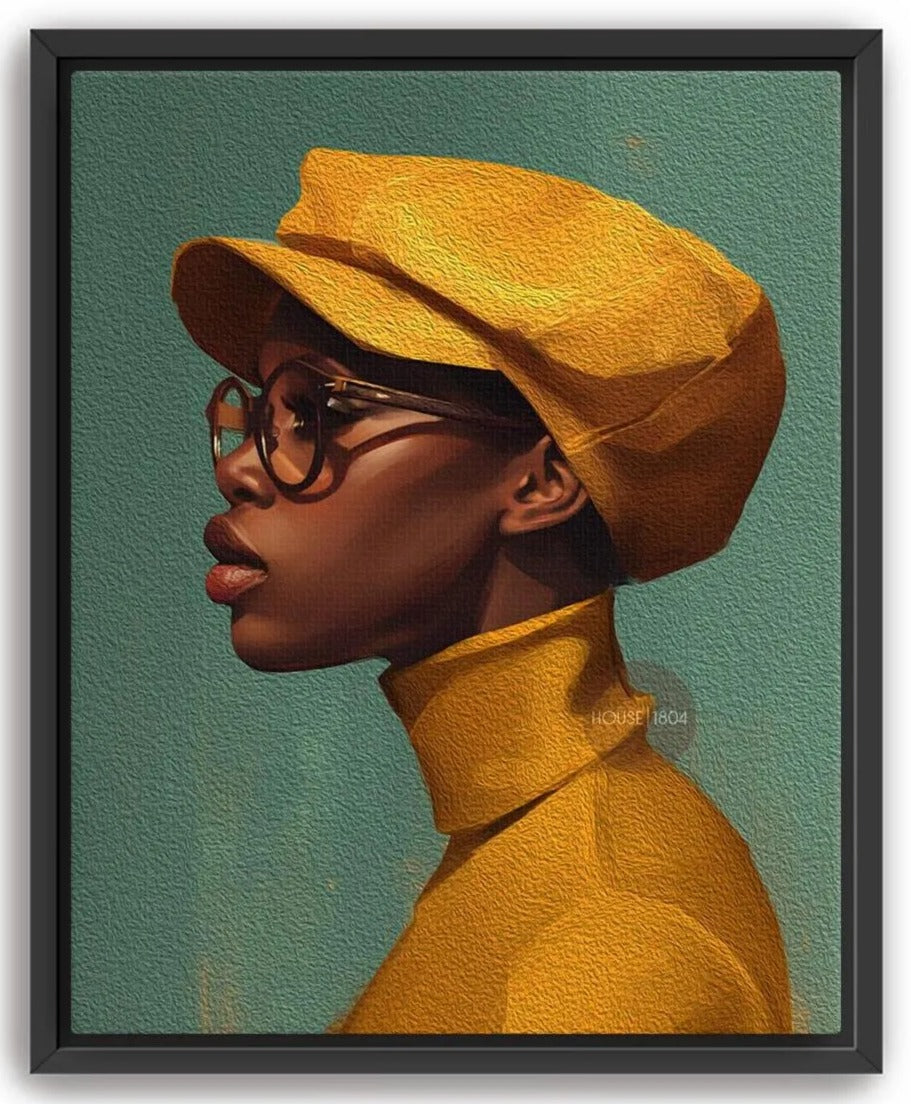 A close-up portrait of a person wearing a yellow hat and glasses against a teal background.