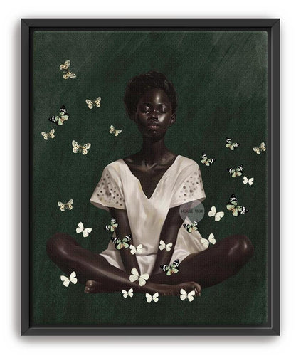 Black Woman Wall Art – Deep Green Serene Art Print With White Butterfly Portrait