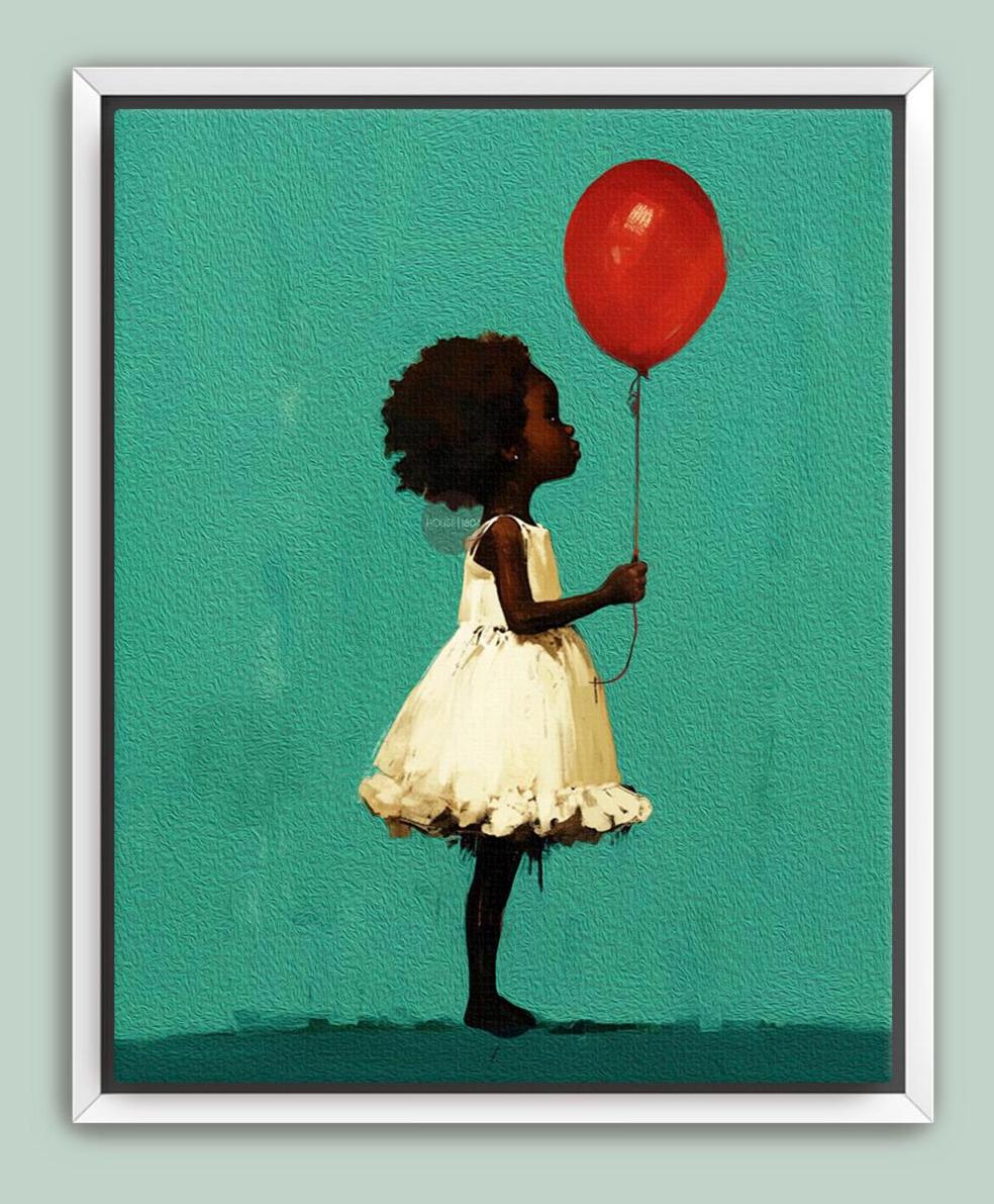 Little Black Girl Art, Joyful Balloon Nursery Canvas Print Framed