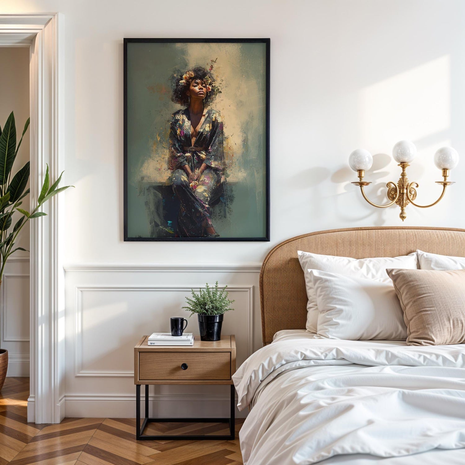 Bohemian Black Woman Art: Watercolor Canvas Portrait