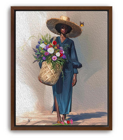 Black Woman Floral Canvas Art, Tropical Botanical Woman Portrait, Plant Lady with Flowers Canvas Art
