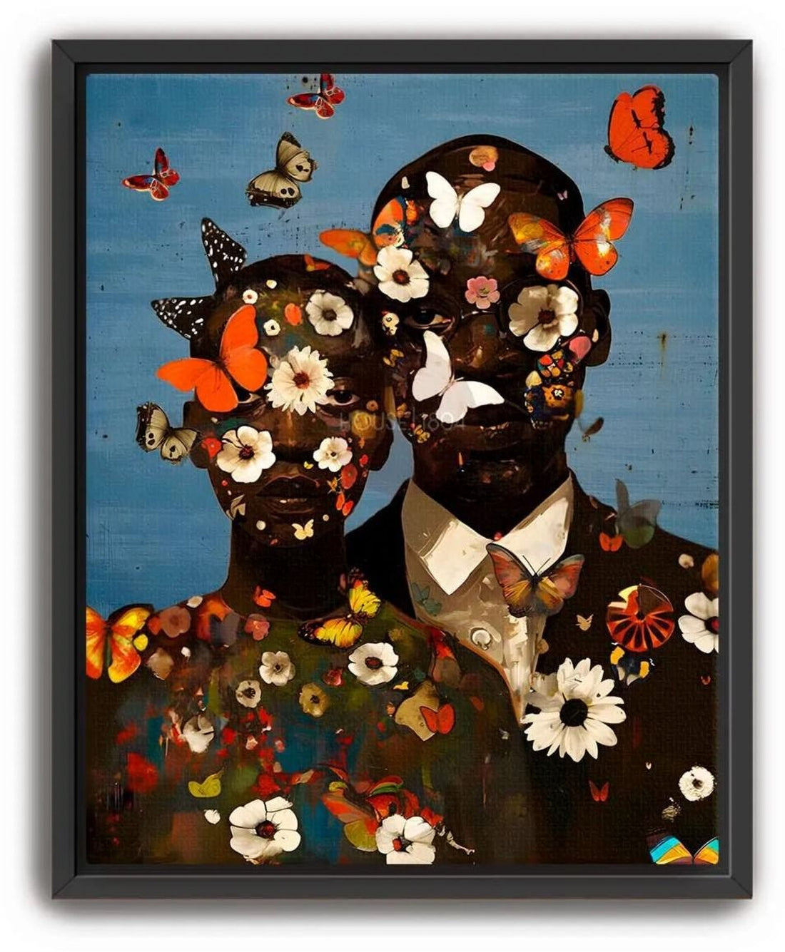 A couple, man and woman, with a faces covered in colorful, bold flowers and butterflies. The background is a digitally textured blue color with butterflies and flowers scattered throughout. Black framed canvas print.
