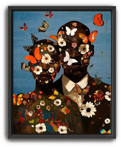 A couple, man and woman, with a faces covered in colorful, bold flowers and butterflies. The background is a digitally textured blue color with butterflies and flowers scattered throughout. Black framed canvas print.