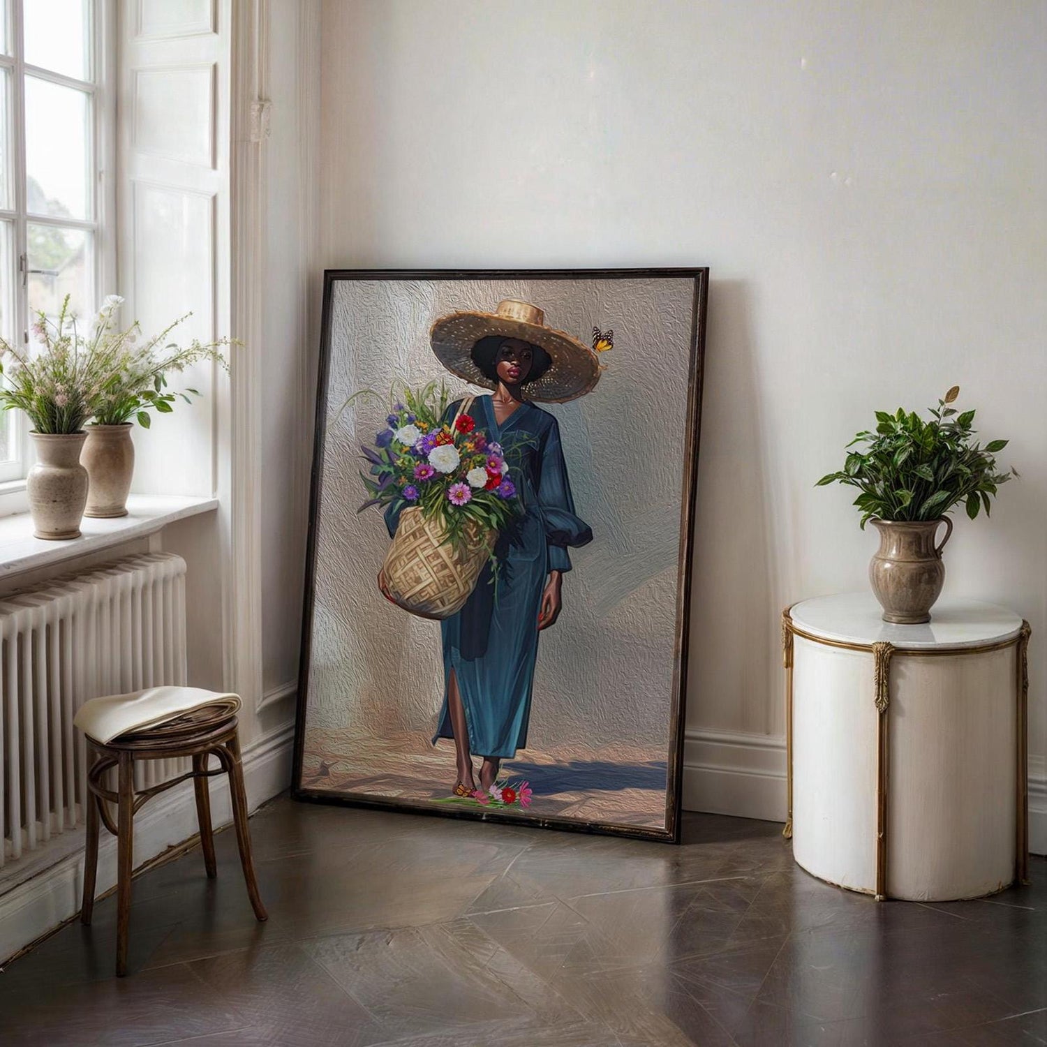 Black Woman Floral Canvas Art, Tropical Botanical Woman Portrait, Plant Lady with Flowers Canvas Art