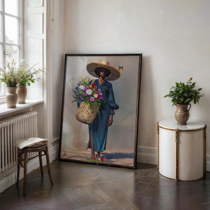 Black Woman Floral Canvas Art, Tropical Botanical Woman Portrait, Plant Lady with Flowers Canvas Art