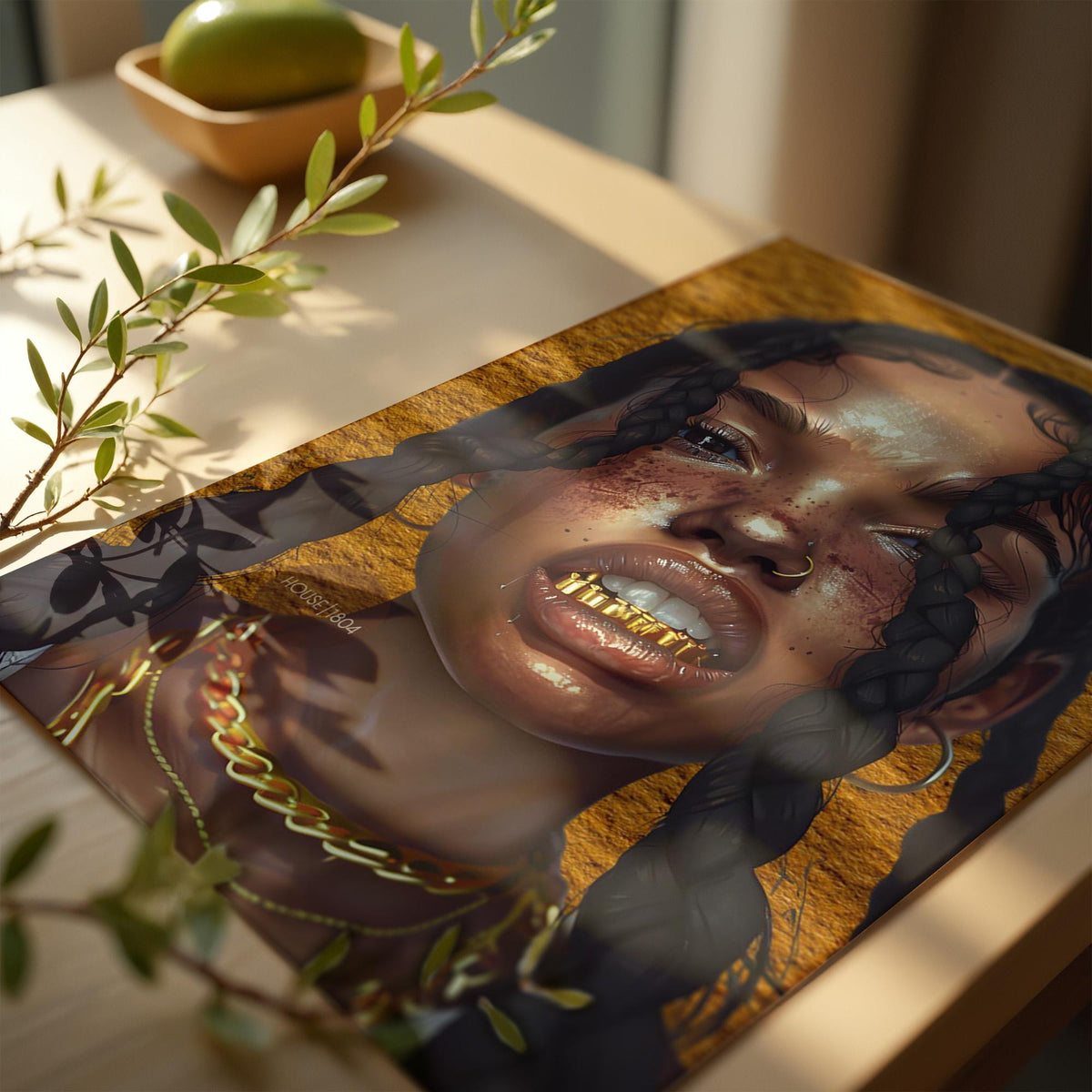 Black Woman Wall Canvas Art, Urban Afro Latina Canvas, Gold Grillz Print