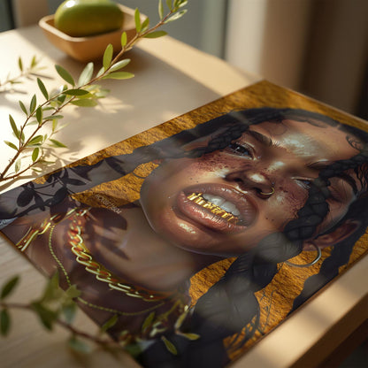 Black Woman Wall Canvas Art, Urban Afro Latina Canvas, Gold Grillz Print