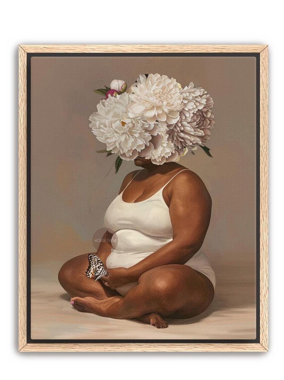 Curvy Black Woman Meditation Canvas: Flower Head Art, Positive Body Art Print
