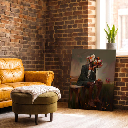 Afrocentric Man Floral Canvas Art, Black Masculine Portrait, Male Flower Head Artwork