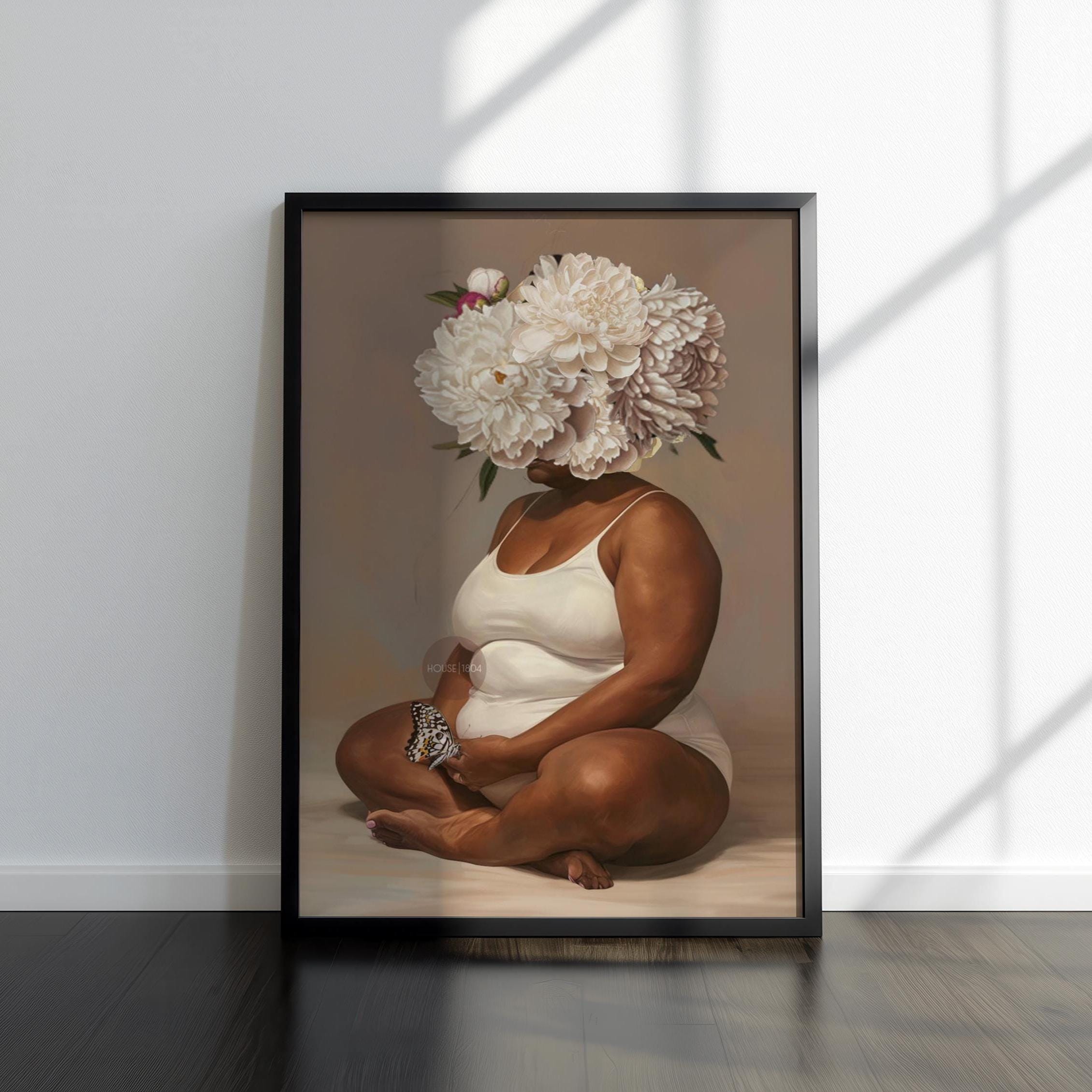 Curvy Black Woman Meditation Canvas: Flower Head Art, Positive Body Art Print