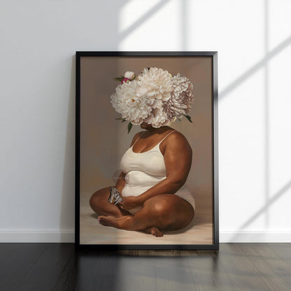 Curvy Black Woman Meditation Canvas: Flower Head Art, Positive Body Art Print