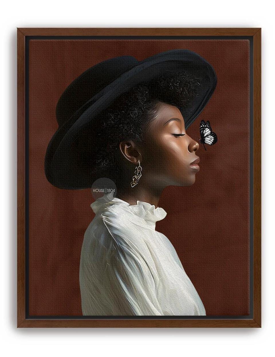 A woman wearing a large black hat and a white blouse is shown in profile, with a butterfly resting on her nose.