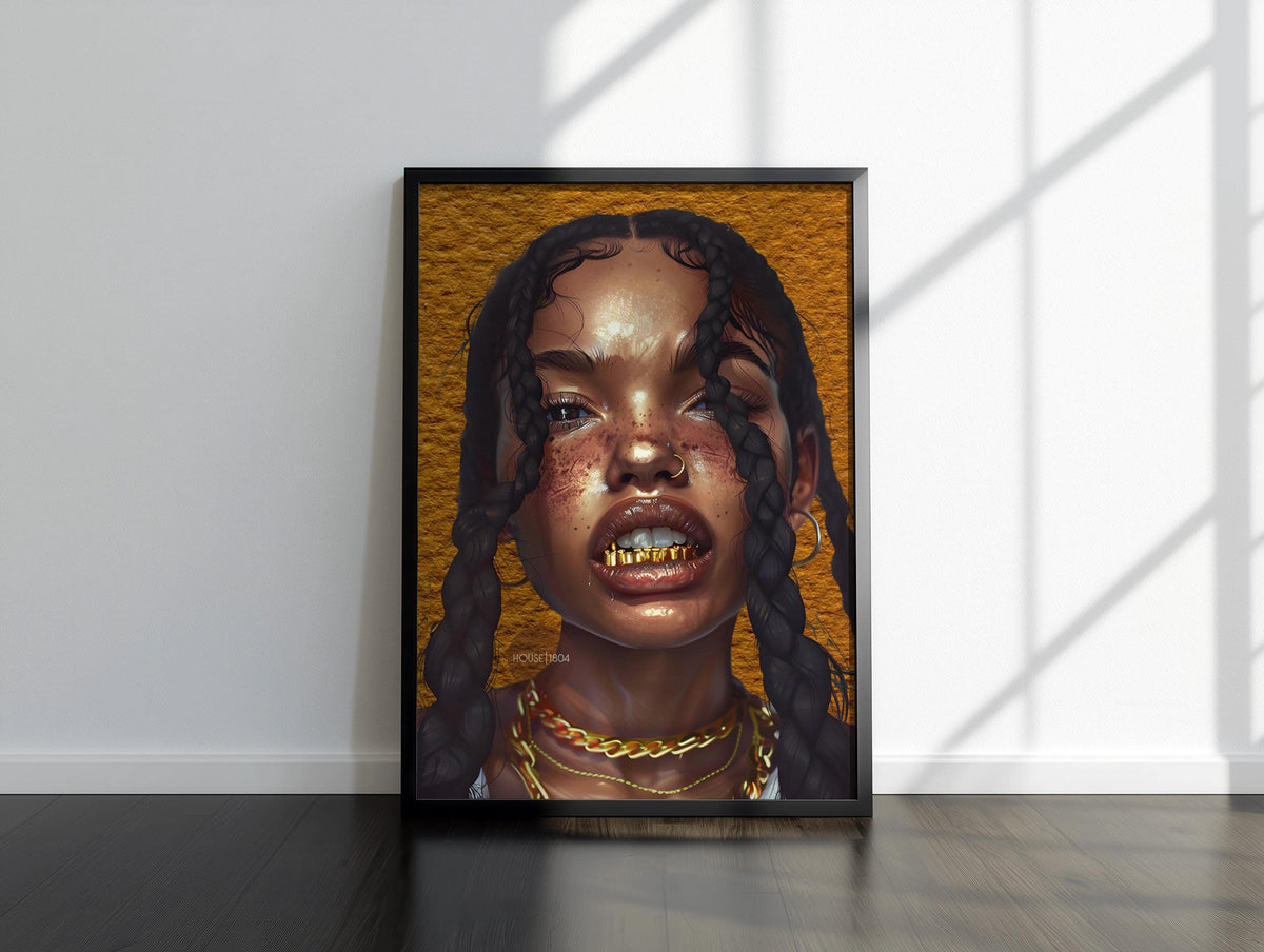 Black Woman Wall Canvas Art, Urban Afro Latina Canvas, Gold Grillz Print
