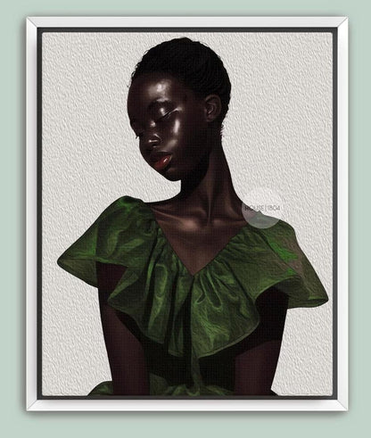 a woman with dark hair wearing a green dress.