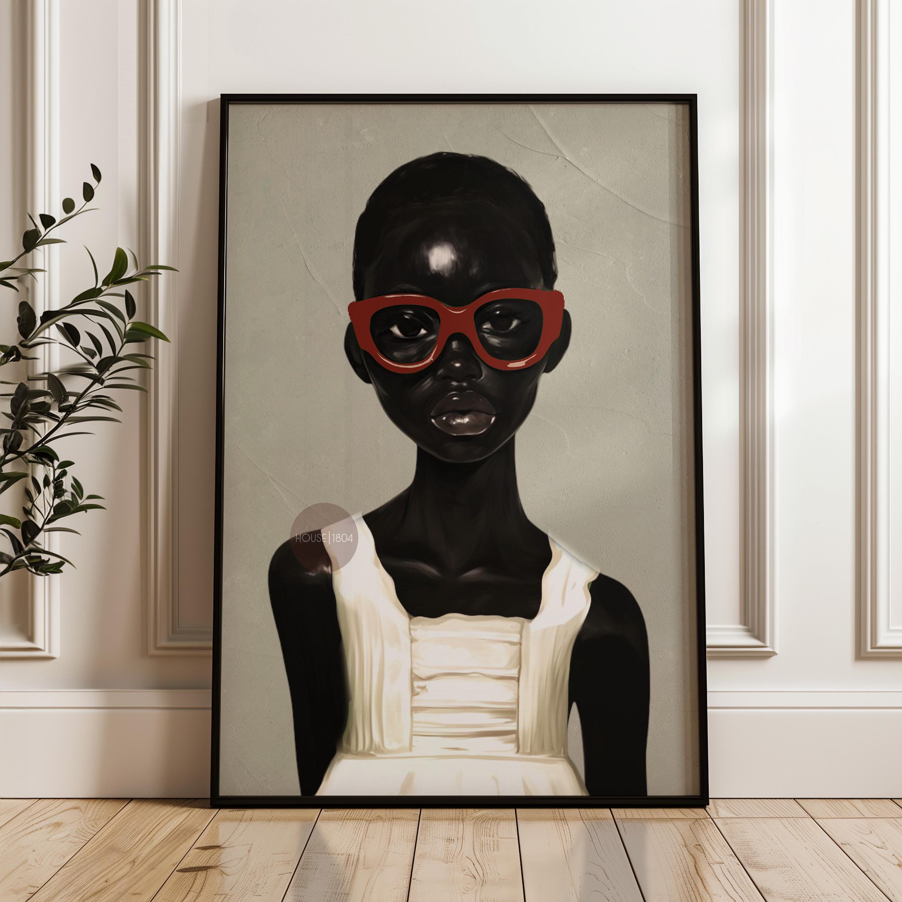 African American Girl Portrait Canvas Print, Red Burgundy + Beige