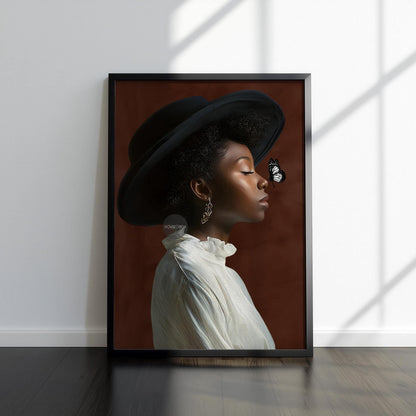 A framed portrait of a woman wearing a large hat, with a butterfly resting on her face, against a brown background.