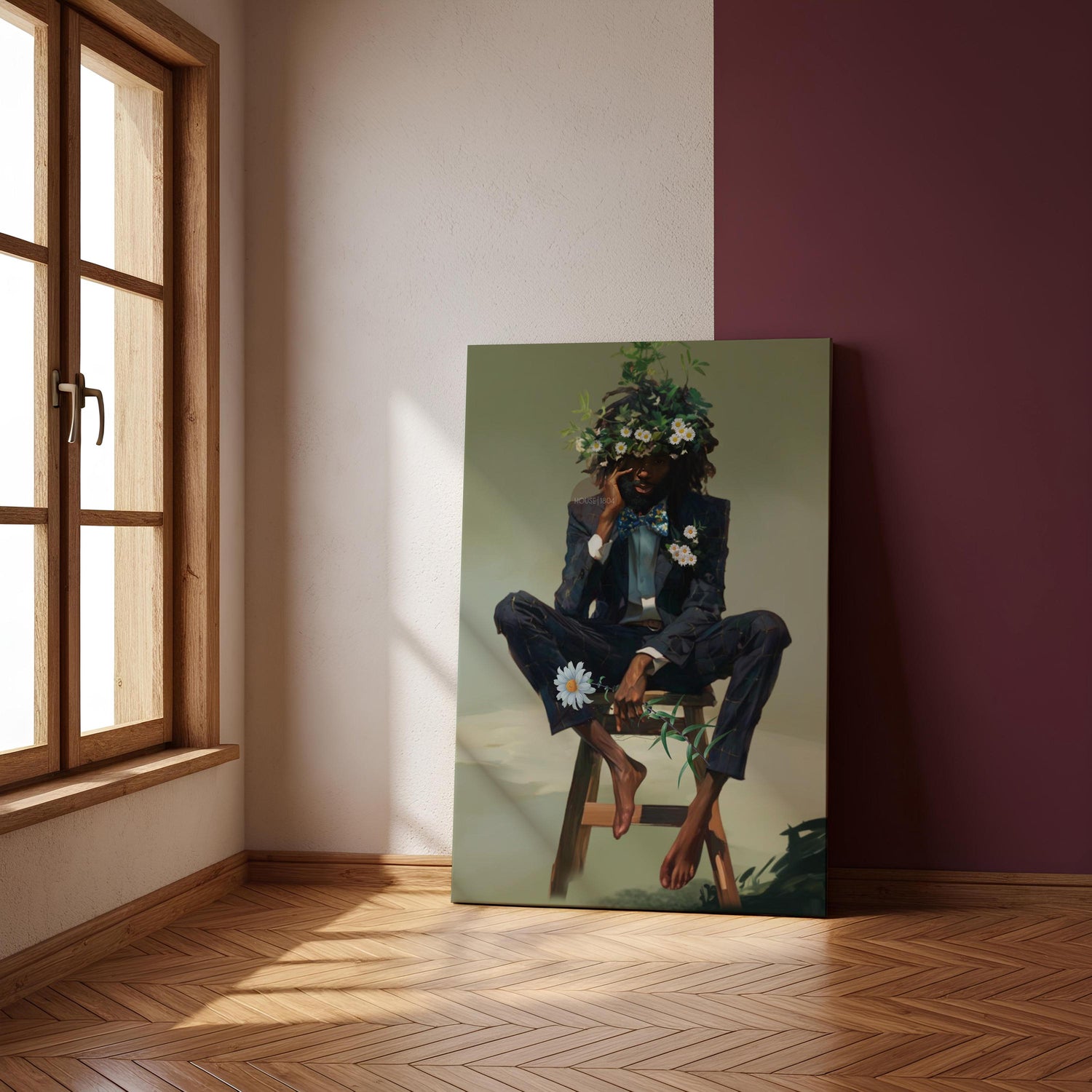 Black Man Floral Wall Art, Abstract Male Portrait, Contemporary Modern Canvas Print, Male Abstract Moody Wall Framed Print