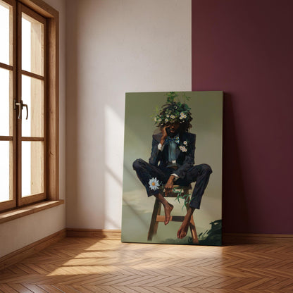 Black Man Floral Wall Art, Abstract Male Portrait, Contemporary Modern Canvas Print, Male Abstract Moody Wall Framed Print