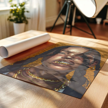 Black Woman Wall Canvas Art, Urban Afro Latina Canvas, Gold Grillz Print