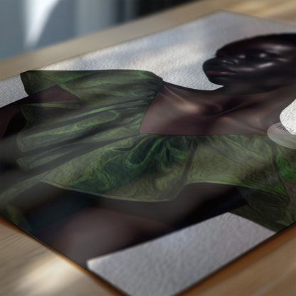 The image is a close-up of a person wearing a green dress, with a blurred background.