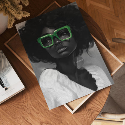Black Woman Canvas Art - Bold Green Glasses Framed Black and White Portrait Print