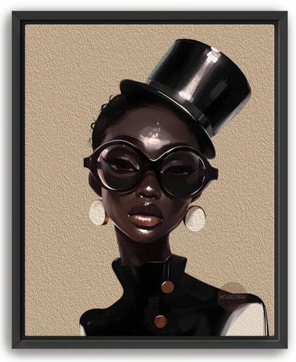A digital illustration of a woman wearing a top hat and large sunglasses, with a serious expression on her face.