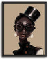 A digital illustration of a woman wearing a top hat and large sunglasses, with a serious expression on her face.