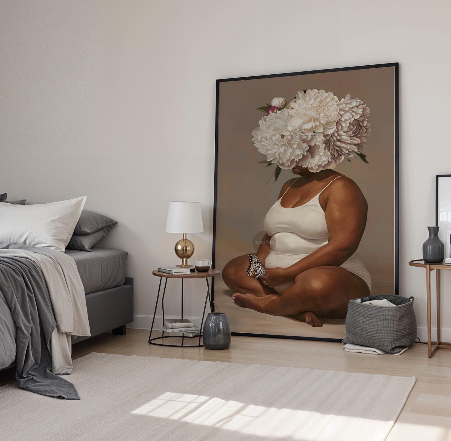 Curvy Black Woman Meditation Canvas: Flower Head Art, Positive Body Art Print