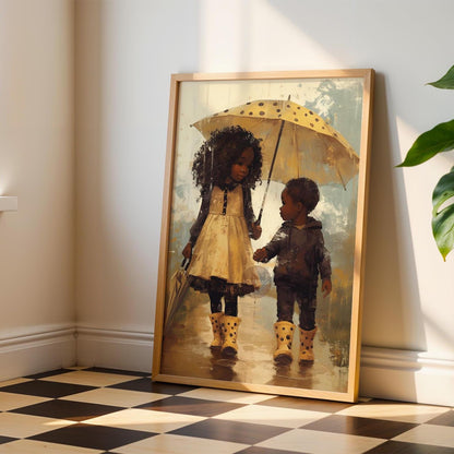 Black Sibling Art Print: Brother and Sister in Rain