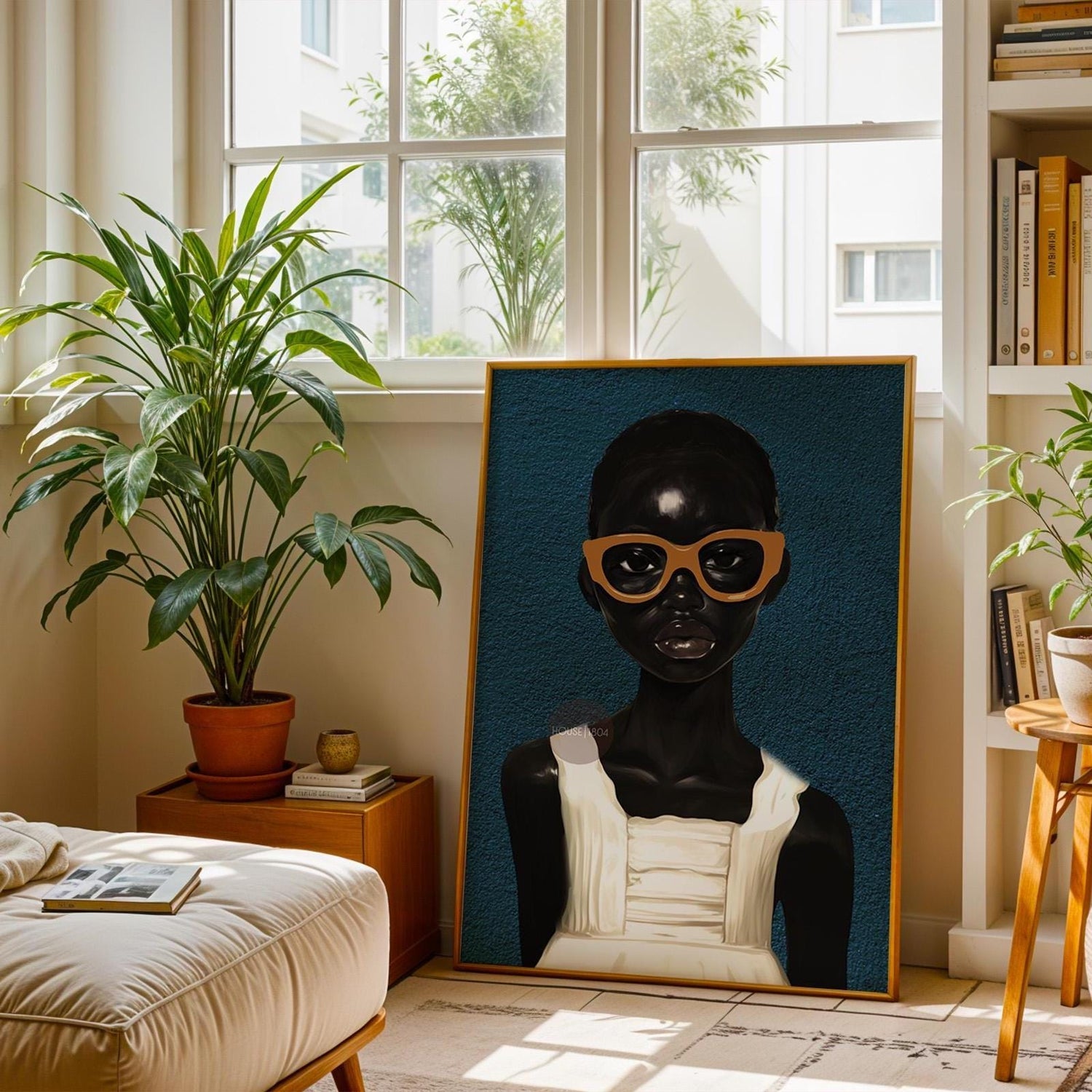 Black Girl Blues Portrait Framed Canvas Art