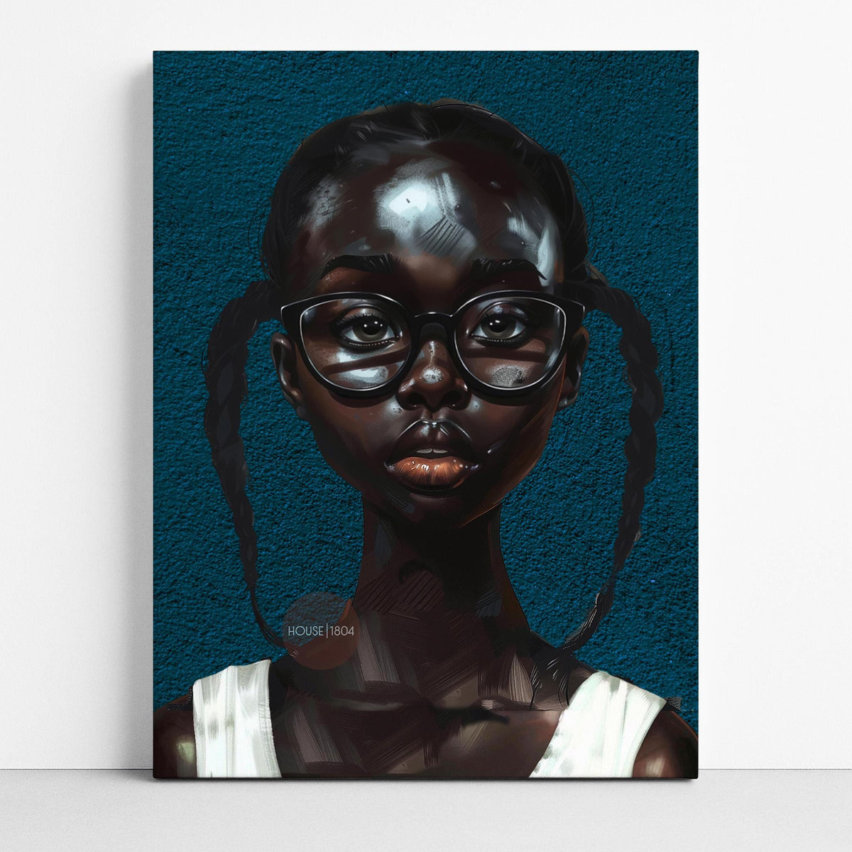 Black Girl Art Print, Little Black Girl Blues Portrait, Pigtails.