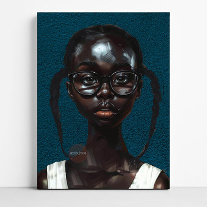 Black Girl Art Print, Little Black Girl Blues Portrait, Pigtails.