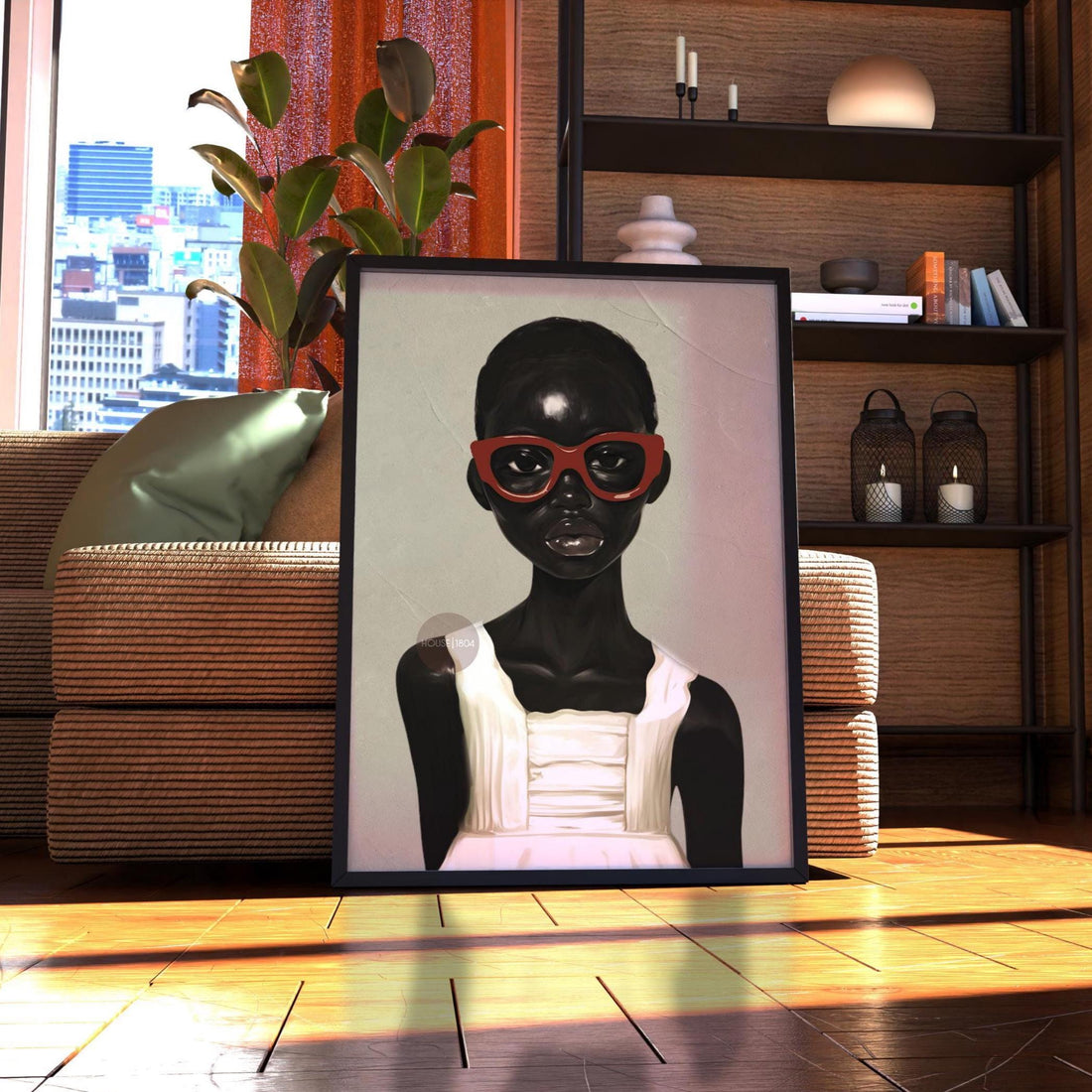 African American Girl Portrait Canvas Print, Red Burgundy + Beige