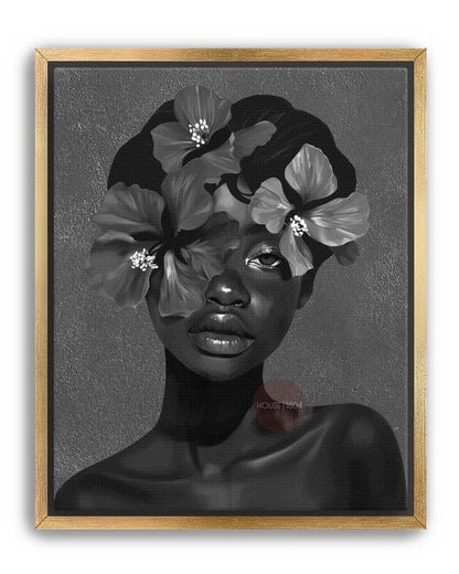 Black Woman Flower Art Print: Monochrome Portrait Wall Art