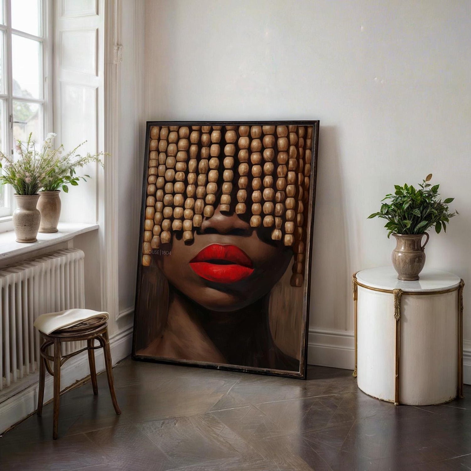 Black Woman Art Print: Beaded Headpiece Wall Art, Bold Black Woman Wall Art, Black Interior Design Print, African American Canvas Decor