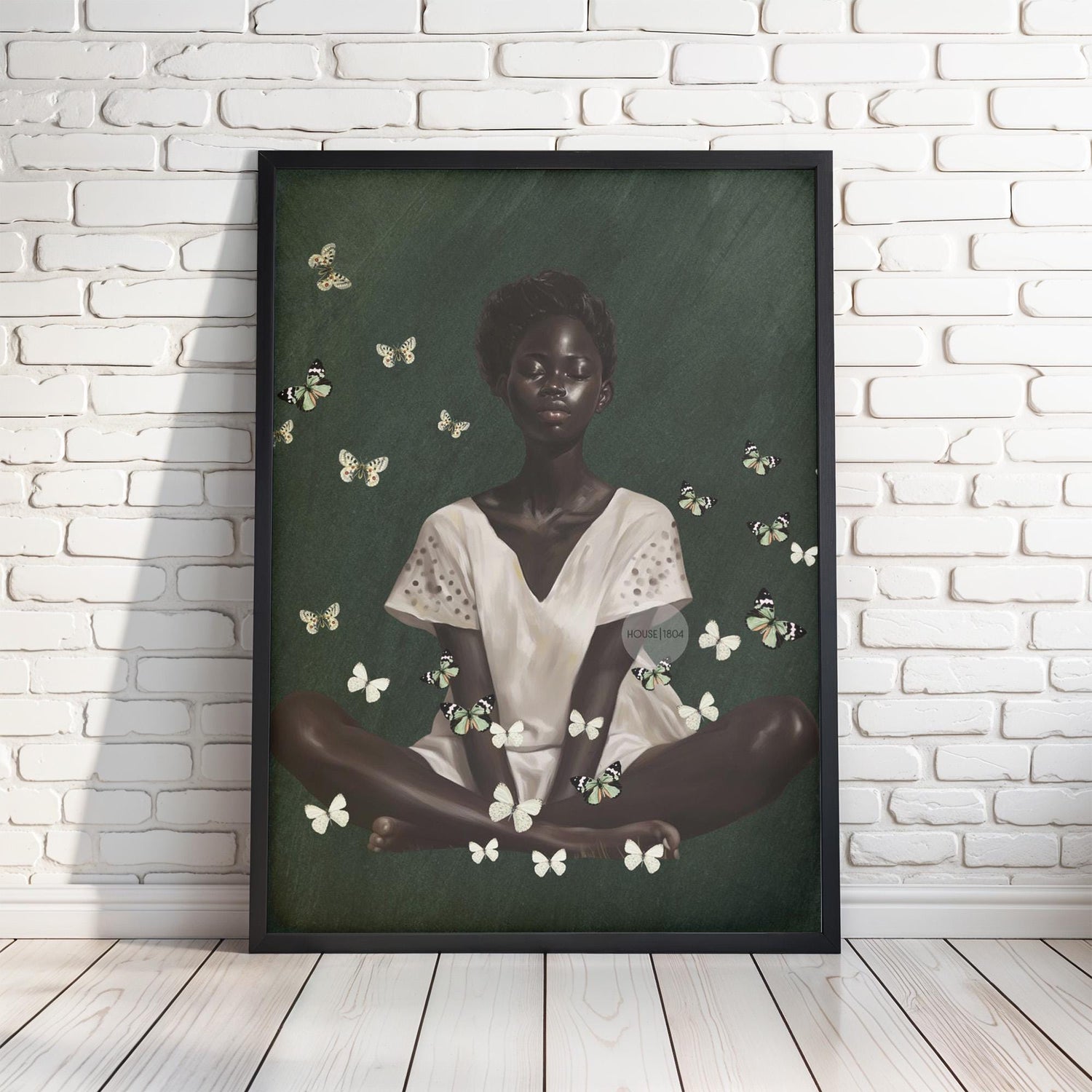Black Woman Wall Art – Deep Green Serene Art Print With White Butterfly Portrait