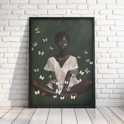 Black Woman Wall Art – Deep Green Serene Art Print With White Butterfly Portrait