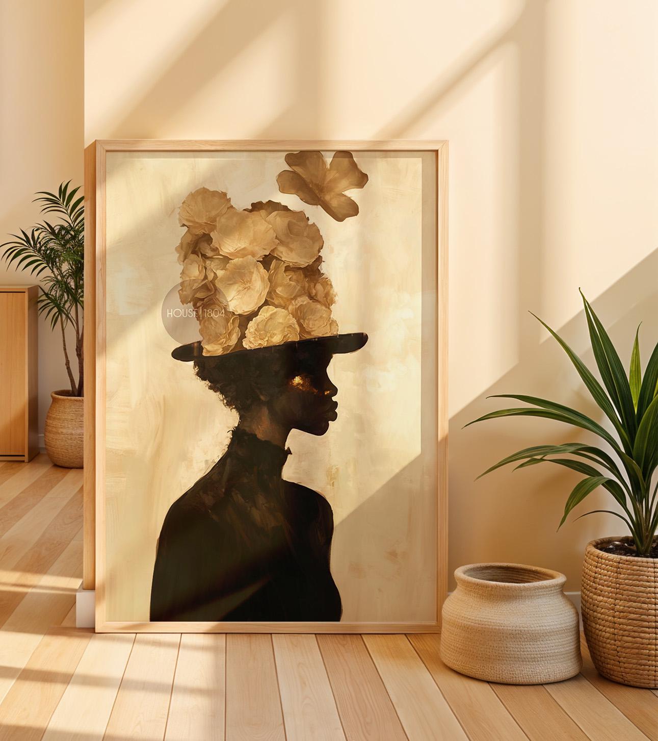 Black Woman Art Print: Gold Accent Abstract, Framed Canvas