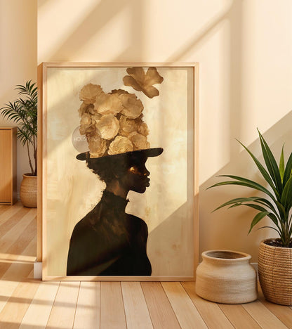 Black Woman Art Print: Gold Accent Abstract, Framed Canvas