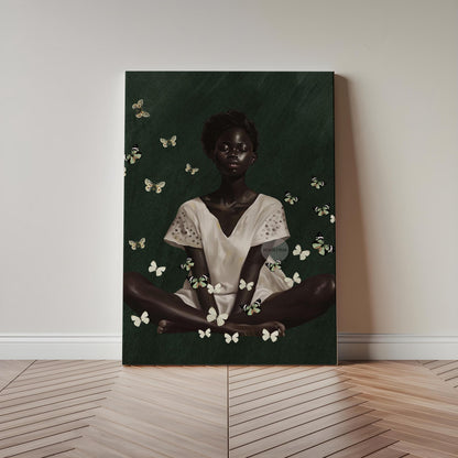 Black Woman Wall Art – Deep Green Serene Art Print With White Butterfly Portrait