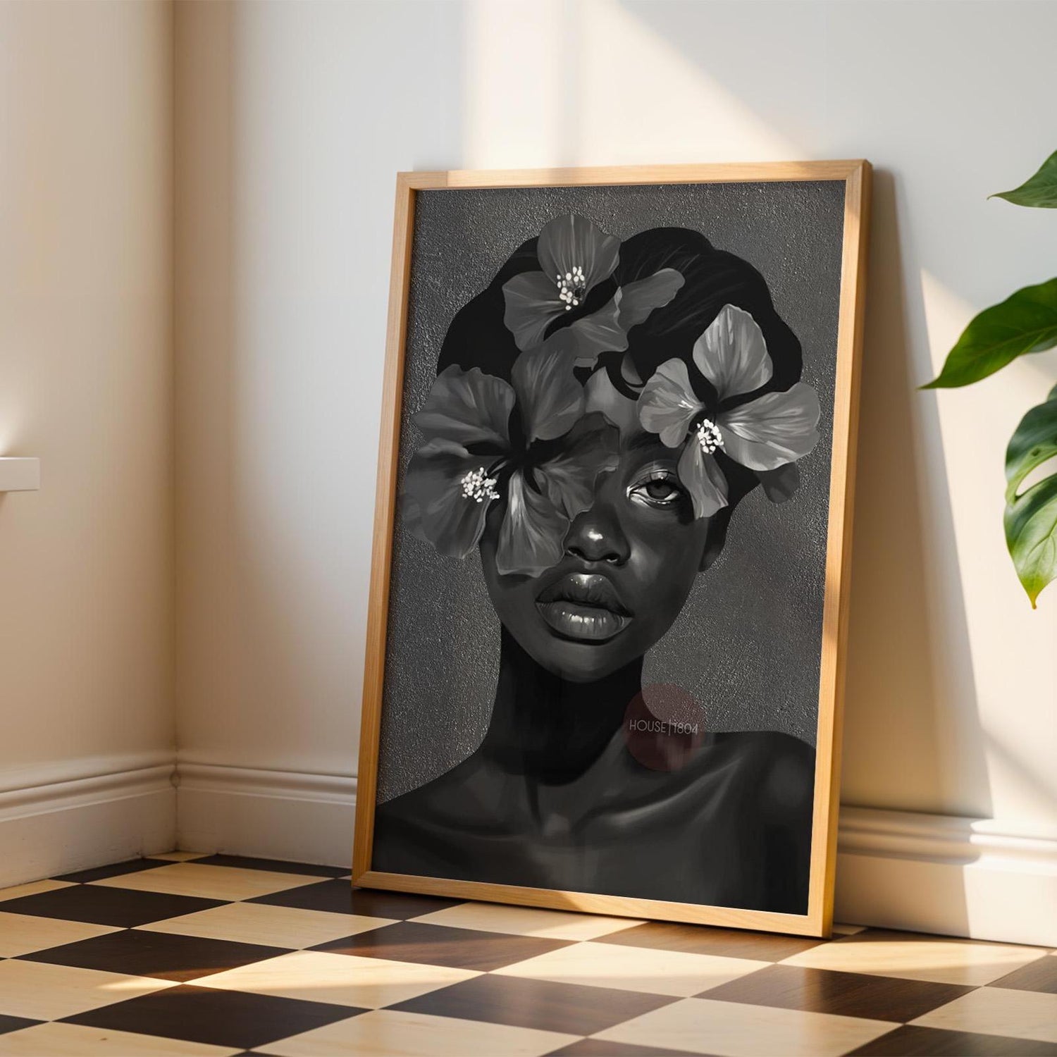Black Woman Flower Art Print: Monochrome Portrait Wall Art