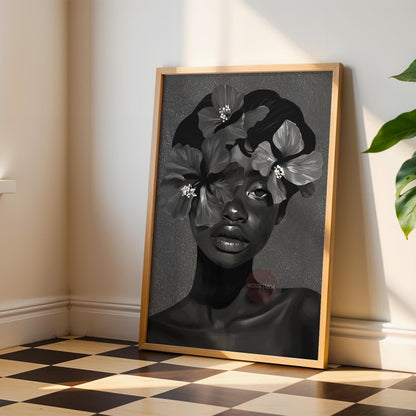 Black Woman Flower Art Print: Monochrome Portrait Wall Art