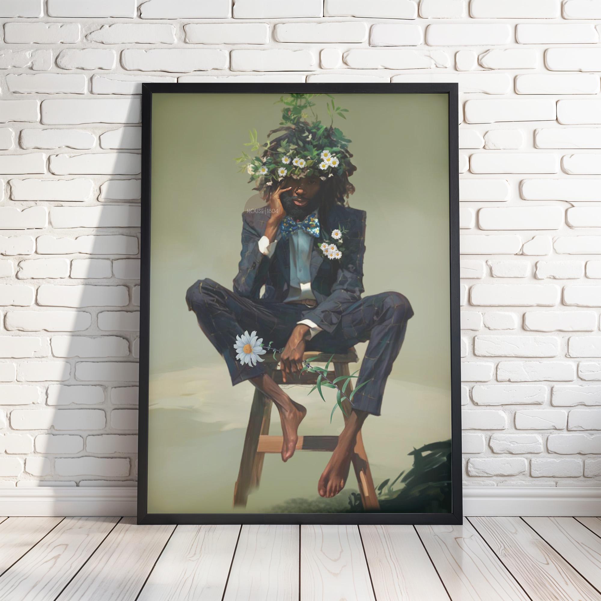 Black Man Floral Wall Art, Abstract Male Portrait, Contemporary Modern Canvas Print, Male Abstract Moody Wall Framed Print