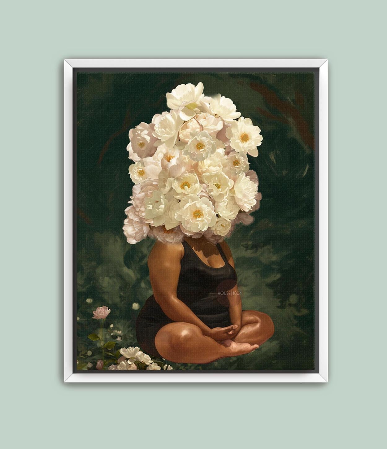 Curvy Black Woman Meditation: Meditative Wall Art Green