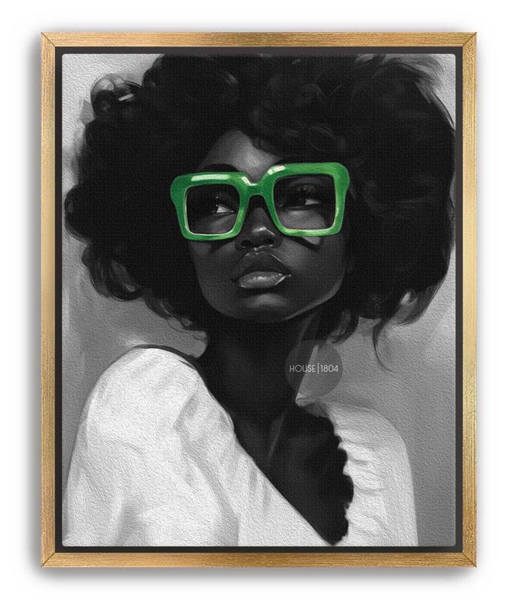 Black Woman Canvas Art - Bold Green Glasses Framed Black and White Portrait Print